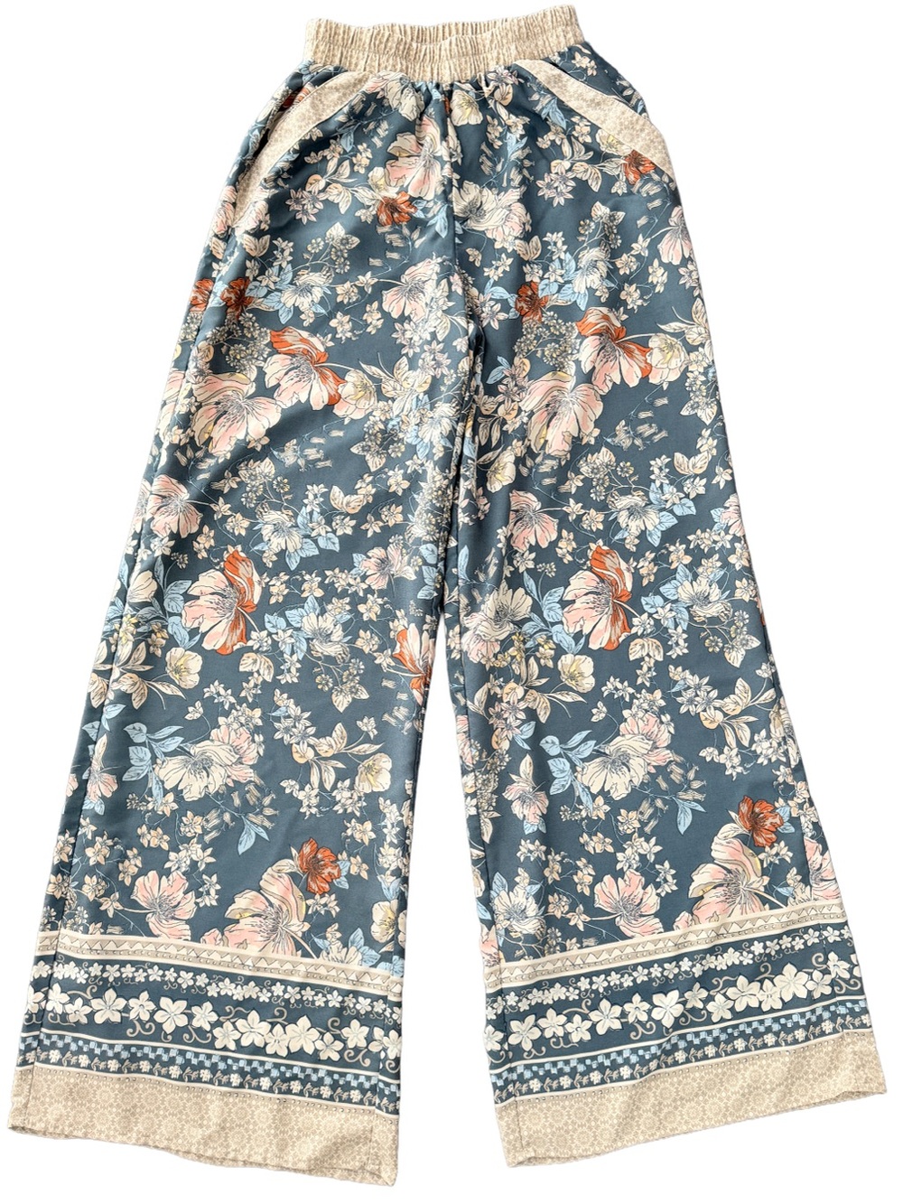Sienna Sky Bold Floral Wide-Leg Palazzo lightweight Pants in soft Slate Blue XXS